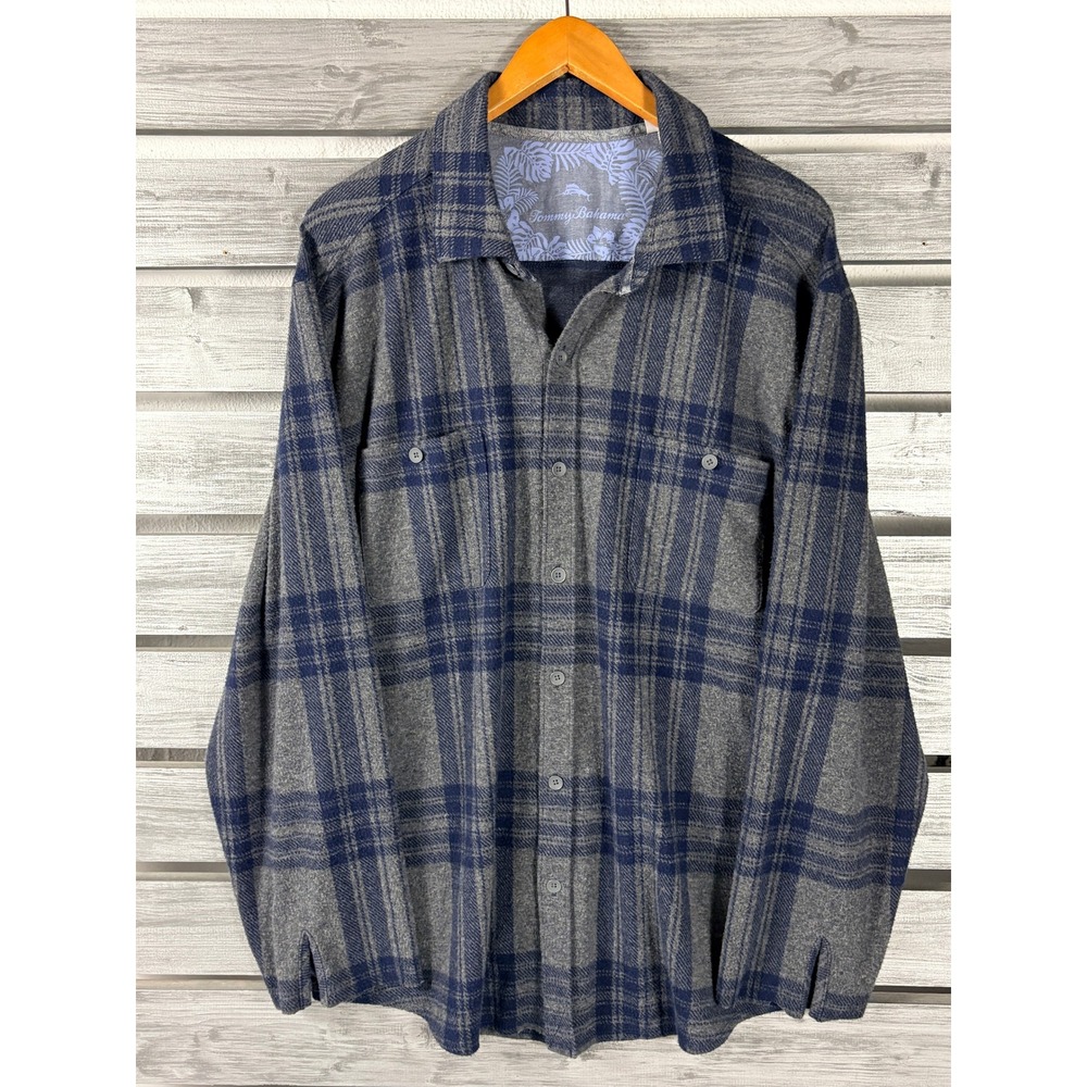 Tommy Bahama Mens XL Grey Blue Plaid Long Sleeve Button Down Shirt Flannel